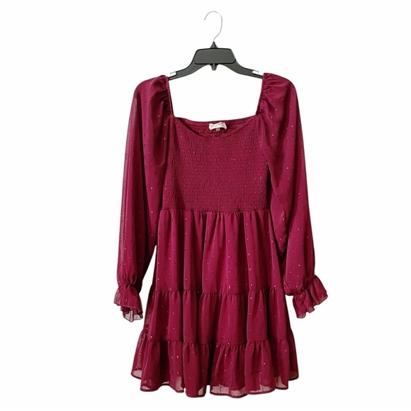 Altar'd State Dress Women's Size S Burgundy Smocked Long Sleeve Tiered Ruffle - Picture 1 of 6